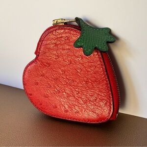 HERMES Strawberry Fruit Coin Case Holder in Red Ostrich & Green Leaf Couchevel